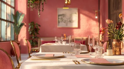 Valentine mockup card minimalist design. Romantic Dinner Table Setting With Flowers And Pink Walls In Elegant Restaurant.