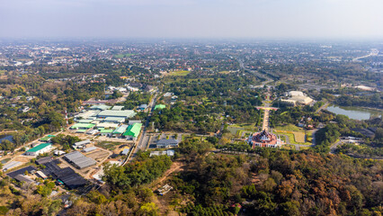 Aerial view of Wat Pa Phu Kon and industrial zone in Udon Thani, Thailand
