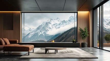Fototapeta premium Luxury modern living room with panoramic mountain view through large glass windows and elegant interior design.