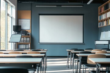  Modern auditorium with blank pull-up banner mockup for presentations and educational events, well-lit interior
