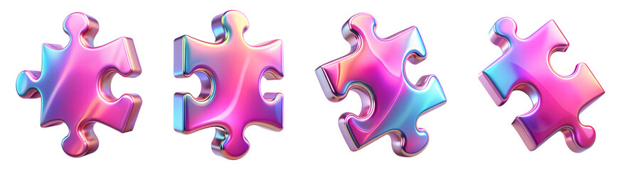Obraz premium set of gradient blue and pink jigsaw puzzle holographic iridescent 3d render icon, cut out on the white background