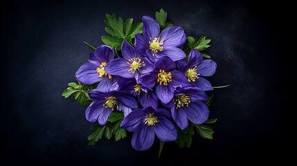 Vibrant purple flowers with yellow centers arranged beautifully on dark foliage, creating striking contrast and sense of tranquility