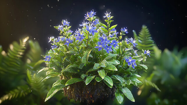 vibrant cluster of blue polemonium flowers surrounded by lush green leaves, creating serene and enchanting atmosphere