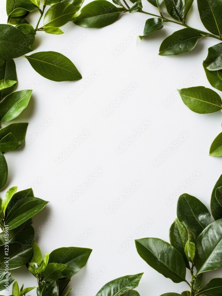Aufkleber fresh green leaves arranged around a blank space for creative use, ideal for backgrounds or nature t