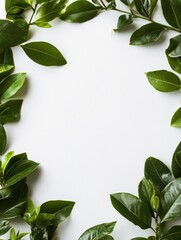 Naklejka premium Fresh green leaves arranged around a blank space for creative use, ideal for backgrounds or nature themed designs. Generative AI