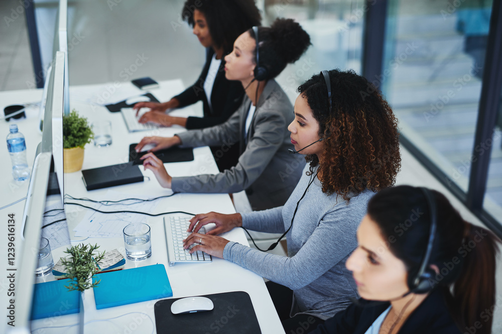 Poster customer support, call center and business women on computer for help, communication and consulting.