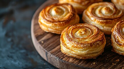Fototapeta premium Golden pastries on wooden board, dark background, delicious bakery