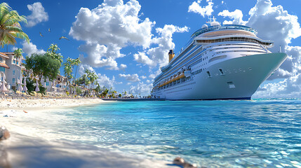 Naklejka premium stunning cruise ship docked at tropical beach, surrounded by palm trees and clear blue waters, creating serene vacation atmosphere