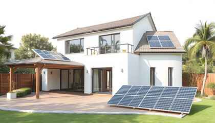 Fototapeta premium Modern house with patio area and solar panels , with white tonespng