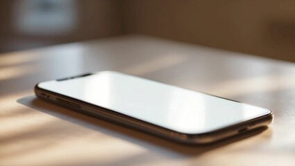 Minimalist image of a modern smartphone on a wooden table, bathed in soft sunlight. Perfect for tech, communication, or lifestyle concepts