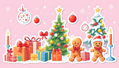 Obraz premium Christmas stickers. Winter holiday decorations, xmas tree, gift boxes, baubles, masks, candles and gingerbread man. New Year flat vector set , with white tonespng