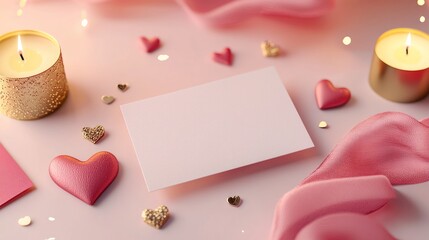 Valentine mockup card minimalist design. Romantic Scene With Two Candles And Hearts On Light Pink Surface Featuring An Empty Card.