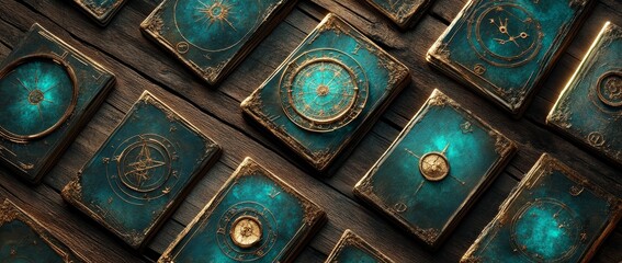 Esoteric occult symbols surround a mystical Tarot card spread on a dark wooden table, along with various fortunetelling divination tools