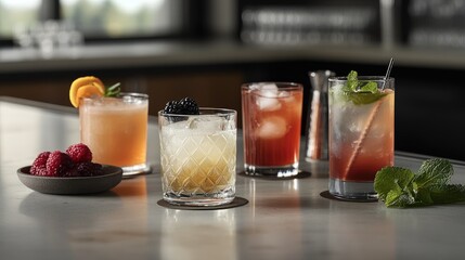 Fototapeta premium Beverage variety: alcohol blends, mocktails display, colorful mixes, elegant garnishes, chilled servings, bar atmosphere, diverse drinks, creative creations, glass elegance, refreshing taste.
