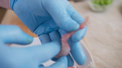 Chef Cleans Mediterranean Blue Shrimps Prized Fish In Kitchen