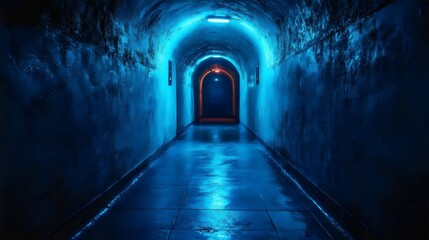 Obraz premium A dark tunnel with a blue light shining down on it