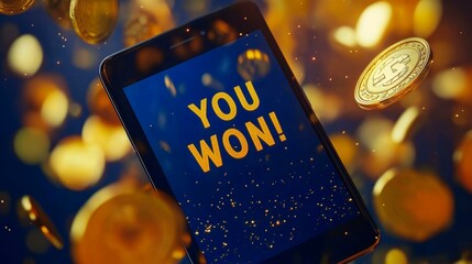  Mobile casino jackpot alert with floating coins and celebratory confetti for digital gaming success theme