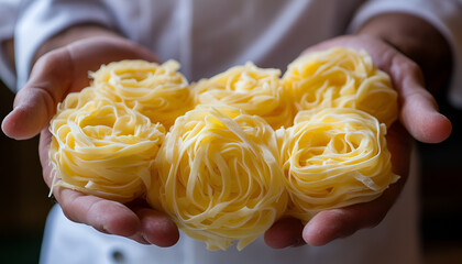 Fresh fettuccine egg dough pasta nests and hands of the chef holding another dose of the Italian specialty
