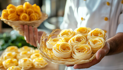 Fresh fettuccine egg dough pasta nests and hands of the chef holding another dose of the Italian specialty