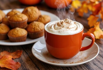 A cozy autumn-inspired setting with a steaming mug of pumpkin spice latte topped with whipped cream and cinnamon, placed next to a plate of freshly baked pumpkin muffins.
