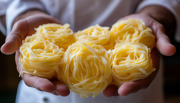 Fresh fettuccine egg dough pasta nests and hands of the chef holding another dose of the Italian specialty
