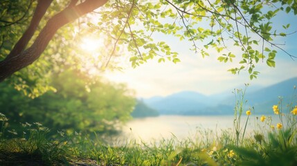 Fototapeta premium Calm morning by the lake with sunlight filtering through green leaves and mountains in the distance. Generative AI