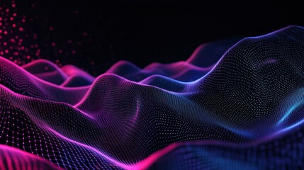 Obraz premium Abstract digital landscape with glowing mesh and particles in dark background