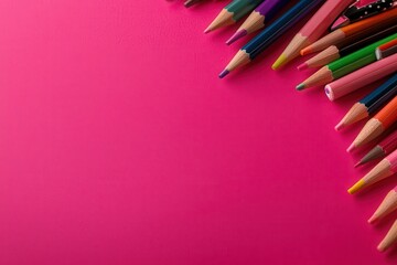 Creative art supplies on bright pink background fun classroom setting colorful tools vibrant environment artistic viewpoint