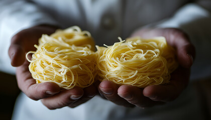 Fresh fettuccine egg dough pasta nests and hands of the chef holding another dose of the Italian specialty