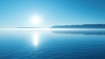 Fototapeta premium Bright sun reflecting on calm water surface with distant forest during early morning hours. Generative AI