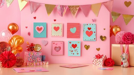 Valentine mockup card minimalist design. Valentines Day Decor with Heart Wall Art Gold Balloons and Pink Setting for Celebration.