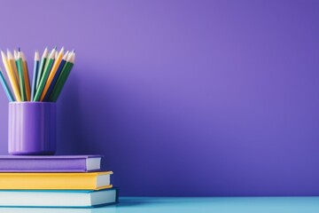 Cheerful learning space with vibrant purple bookshelf classroom educational setup bright environment close-up colorful creativity