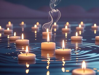 Fototapeta premium Serene floating candles flicker on still water, casting a soothing glow. A beautiful and atmospheric image representing meditation, mindfulness, spirituality, and relaxation