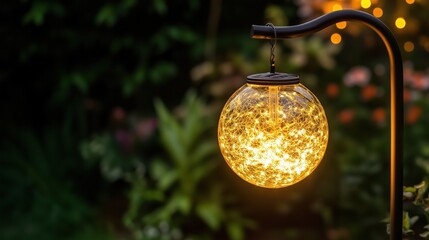 Solar glass ball light illuminates garden ambience on shepherds hook