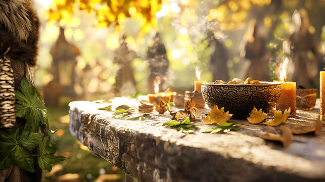 serene outdoor scene featuring wooden table adorned with leaves, candles, and decorative bowl, evoking sense of tranquility and nature