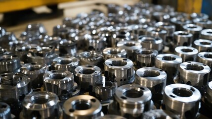 Obraz premium Close up shot of multiple metal components on a manufacturing factory background