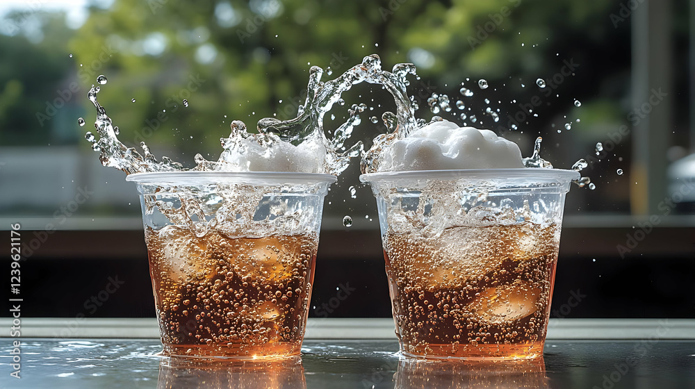 Wall mural Two Iced Brown Beverages Splashing Together Outdoors