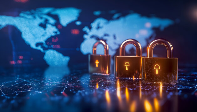 Fototapeta Cyber attack prevention. Three locks and world map on background