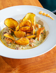 PERUVIAN CEVICHE SEBICHE. Peruvian seafood and fish sebiche with maize and potato sweet crips