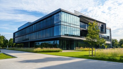 Modern corporate building with glass facade surrounded by green landscape on a sunny day