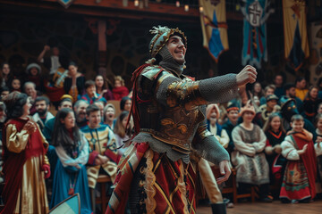 Medieval Knight Costume in a Theatrical Show Entertaining an Audience at a Carnival Party with Vibrant Performances