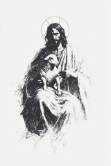 Fototapeta premium Ink drawing of Jesus holding a lamb, symbolizing compassion, love, and sacrifice