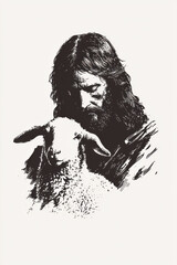 Ink drawing of Jesus holding a lamb, symbolizing compassion, love, and sacrifice