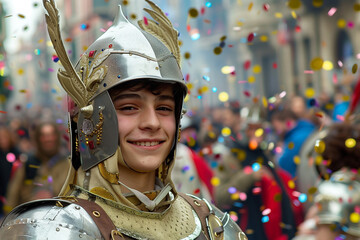 Medieval Knight Costume at a Carnival Parade with Happy Participants, Colorful Decorations, and a Festive Atmosphere