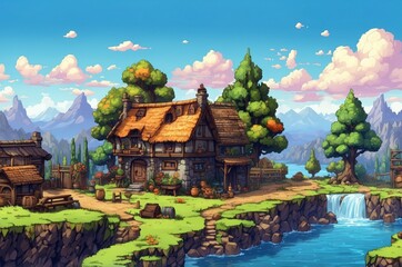 Obraz premium Colorful retro old vintage 2d pixel art game texture background illustration design, history and symbol theme concept. 