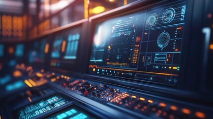 Obraz premium Complex digital interface displaying real time information and analytics in a high tech environment, suggesting innovative manufacturing processes and advanced technological capabilities