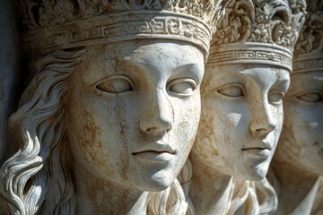 Obraz premium Elegant Venetian carnival masks in marble sculpture detail capturing classical artistry and cultural heritage