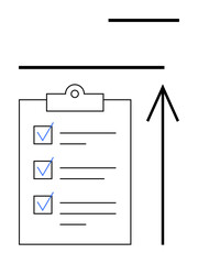 Clipboard with a checklist featuring blue check marks beside completed tasks, alongside an upward arrow. Ideal for productivity, goals, accuracy, project management, growth, evaluation, organization