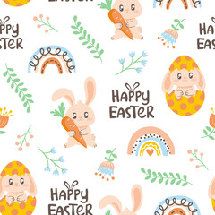 Happy Easter seamless pattern. Spring pastel background with bunny, flower and rainbow.