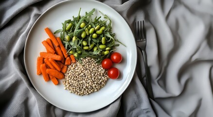 Healthy vegan lunch with sorghum, edamame, rocket salad, cherry tomatoes and carrots on white plate
